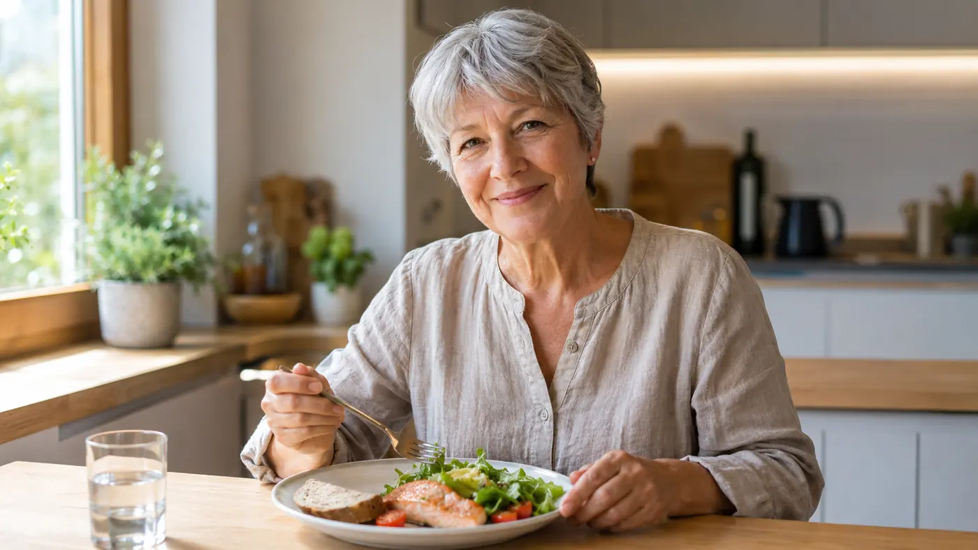 Femme âgée mangeant sereinement dans une cuisine lumineuse
